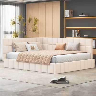 MEUNIQ slaapbank 160x200 cm met lattenbodem, gestoffeerd bedframe met rugleuning en armleuning, zonder matras, tweepersoons bed voor slaapkamer, beige