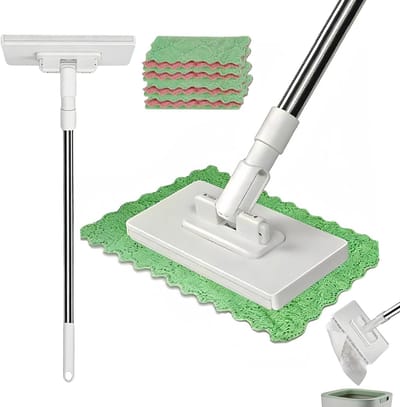 longziming - Drukklem-Mop - Hygiënische Vloermop - Mini Mop Met Klem - 360° Draaibare Kop - PP-Kunststof En Roestvrij Staal - Verstelbare Steel Voor Rugcomfort - Ruimtebesparende Opslag - 1 Set Met 4 Doeken