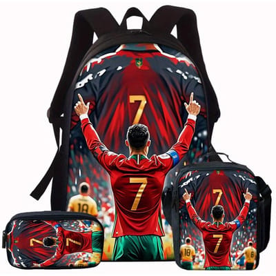 3-delige CR7 Voetbalster Patroon Rugzakset – Casual Rugzak met Grote Capaciteit met Bijpassende Clutch & Tote Bag, Perfect voor Dagelijks