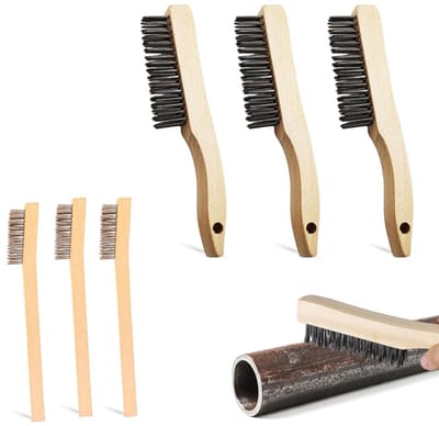 Set van 6 draadborstels voor het reinigen van metaal, grill en lassen - RVS borstels met houten handvat voor roest en slak verwijderen