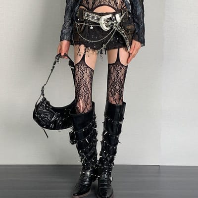 Nieuwe Print Bruine Visnet Kousen Dames Sexy Koffie Uitgesneden Dij Hoge Sokken Gotische Lolita Japanse Over de Knie Lange Sokken One Size gray