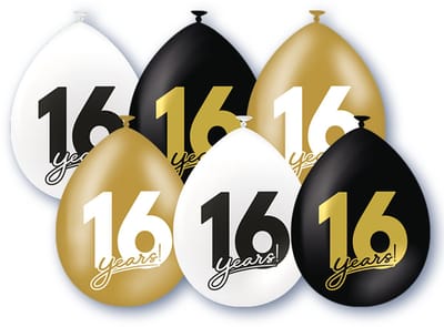 BTH – 16 Jaar Ballonnen – 6 Stuks – Zwart-Wit-Goud – Sweet 16 Verjaardag Celebration Decoratie – Latex Ballonnen