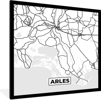 Fotolijst incl. Poster Zwart Wit- Stadskaart – Frankrijk – Arles - Kaart – Plattegrond - Zwart wit - 40x40 cm - Posterlijst