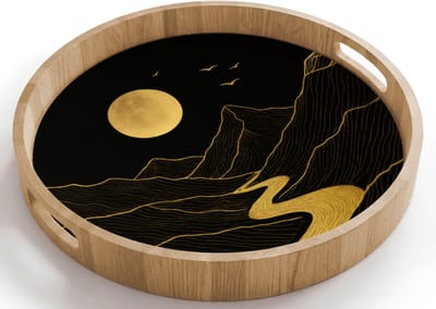 Dienblad rond 40x40 cm - Schootdienblad hout - Rivier - Goud - Maan - Vogels - Borrelplank rechthoek - Plateau houten dienbladen