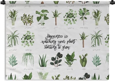 Wandkleed - Wanddoek - Quotes - Happiness is... watching your plant starting to grow - Spreuken - Planten - 120x90 cm - Wandtapijt