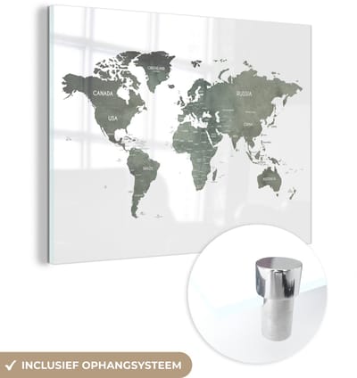 ® Glasschilderij 40x30 cm - Schilderij acrylglas - Wereldkaart - Aardrijkskunde - Grijs - Foto op glas - Muurdecoratie woonkamer - Wanddecoratie slaapkamer - Schilderijen
