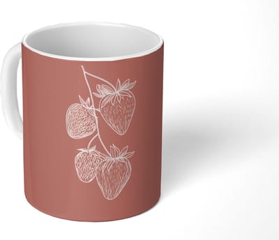 Mok - Koffiemok - Minimalistisch - Illustratie - Aardbei - Tak - Mokken - 350 ML - Beker - Koffiemokken - Theemok