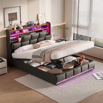 Opbergbed 140x200 Zwart PU – Bed met LED, USB & Opbergruimte