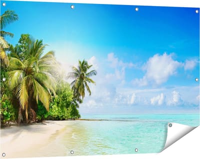Gards Tuinposter Tropisch Strand bij de Licht Blauwe Zee - 120x80 cm - Tuindoek - Tuindecoratie - Wanddecoratie buiten - Tuinschilderij