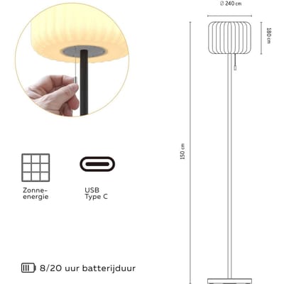 Calex Zonne-energie Vloerlamp Latina - Oplaadbaar - Solar - 150cm - Staande lamp voor Buiten - Draadloos - Dimbaar - Warm Wit Licht & RGB - Waterdicht - Decoratie voor Tuin - Sfeerverlichting - Zwart