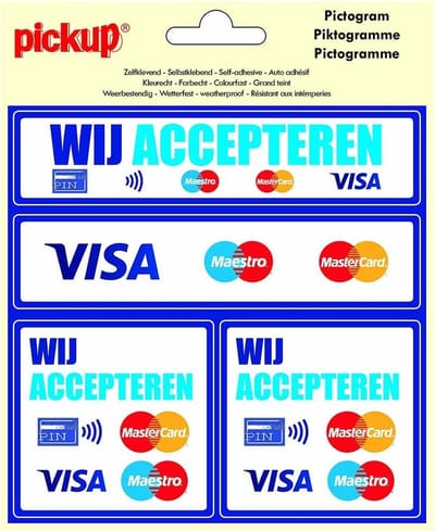 Pickup Pictogram 15x15 cm 4 op 1 - Wij accepteren PIN Maestro Mastercard Visa