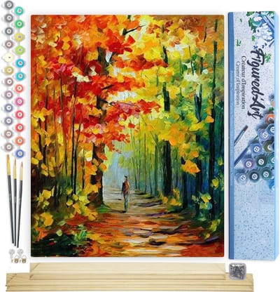 Figured'Art Schilderen op Nummer Volwassenen canvas Eenzame wandeling in het bos - Handwerk acrylverf Kit DIY Compleet - 40x50cm met DIY houten lijst