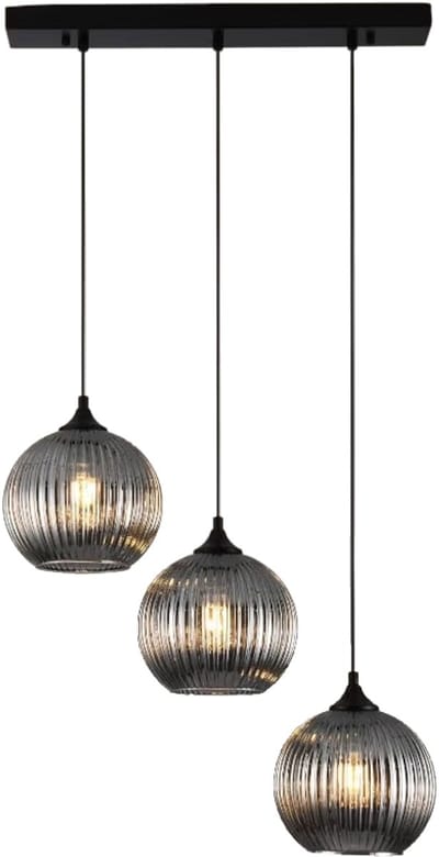 Lusenz- Hanglamp eettafel - 3 lichts Smoke glas - Geribbeld glas - Zwart - Hoogte verstelbaar - Voor eetkamer, slaapkamer, woonkamer, gang - Moderne hanglamp - E27 Fitting