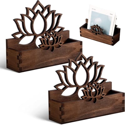 2 Visitekaartjeshouders met Lotusbloemmotief - 13×4×10 cm - Afneembaar en monteerbaar - Decoratieve houten visitekaarthouder voor op het bureau - Ook te gebruiken voor ansichtkaarten - Donkerbruin