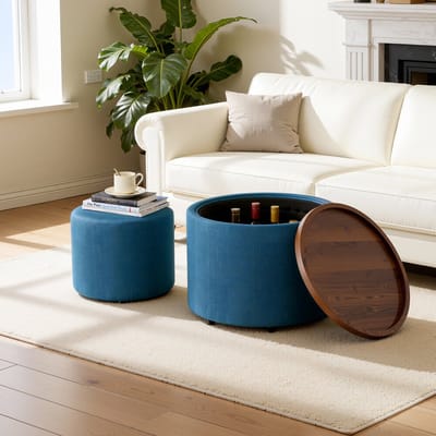 OKWISH Opbergpoef Set - 2 Ronde Nestbare Hockers - Met Opbergruimte En Houten Blad - Blauw Linnen - Diameter 58 cm