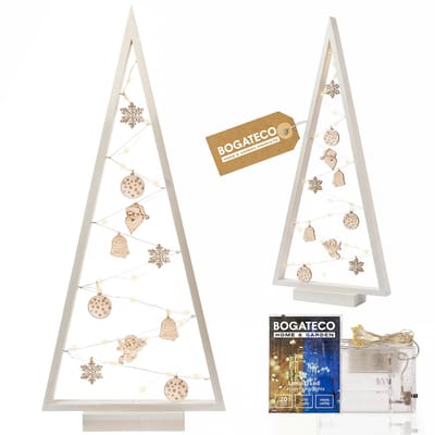 BOGATECO houten kerstboom met LED 104cm hoog | Inclusief houten decoratie | Kerstversiering | 100 LED's | Wit