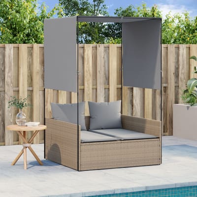 vidaXL - Ligbed - tweepersoons - met - dak - en - gordijn - poly - rattan - beige