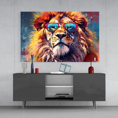 Glasschilderij - Wilde Dieren - Coole Leeuw - Wanddecoratie - 110x70 - 4 mm