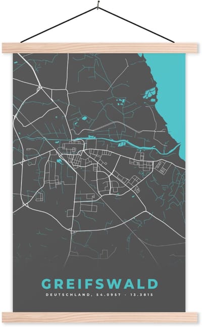 Posterhanger incl. Poster 120x180 cm - Schoolplaat - Stadskaart – Kaart – Greifswald – Blauw – Duitsland – Plattegrond - Textielposter - Blanke latten - Stadskaart