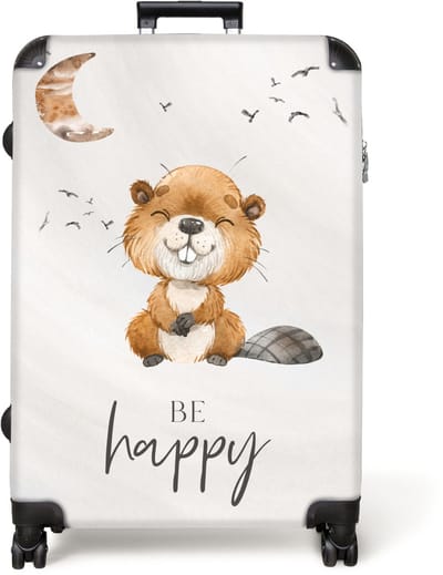 NoBoringSuitcases.com® - Koffer groot - Reiskoffer lichtgewicht - Quote - Be Happy - Bever - Illustratie - Rolkoffer met 4 wielen - Grote trolley XL - 98 liter bagage