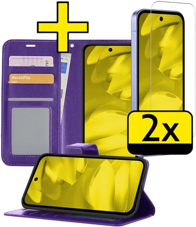 Hoesje - Met 2x Screenprotector - Geschikt voor Google Pixel 9a - Luxe Pasjeshouder - Bookcase Portemonee - Flip Case - Kunstleer Book Case - Flipcase Hoes - Book Cover - Walletcase - Portemonneehoes - Telefoonhoesjes - Paars