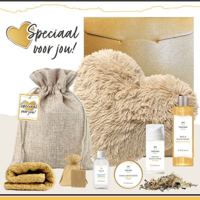 Geschenkset “Speciaal voor jou!” - 8 producten - 1220 gram - Triomf Cosmetica | Giftset voor haar Verjaardag Cadeau Valentijnsdag Valentijn Luxe wellness cadeaubox Vriendin Vrouw Meisje Cadeaupakket Hartje Liefde Geschenk Pakket Douchegel Gift Geel