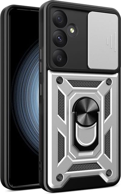 MobyDefend Hoesje - Geschikt voor Samsung Galaxy A55 - Pantsercase Met Draaibare Ring - Zilvergrijs