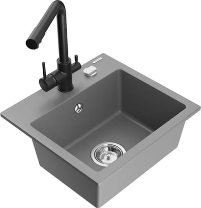 Mexen Milo granieten spoelbak 1-komorige met keukenmengkraan Duero, grijs - 6505-71-671600-70
