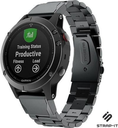 Strap-it Stalen schakel bandje metaal geschikt voor Garmin Fenix 5 (Plus) / Fenix 6 (Pro) - Fenix 7 (Pro - Sapphire - Solar) / Fenix 8 - 47mm / Fenix E - Quatix 5-6-7 - Epix Gen 2 47mm - Quickfit 22mm band voor Garmin smartwatches - zwart