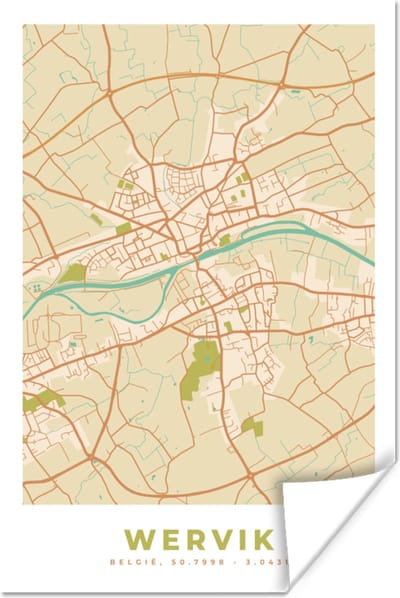 Poster Stadskaart - Plattegrond - Vintage - Wervik - Kaart - 120x180 cm XXL