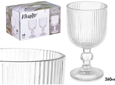 Wijnglas Transparant - Set van 6 - 260 ml - Glas op Voet met Strepen Design - voor Wijn, Aperitief en Feestelijke Tafeldekking