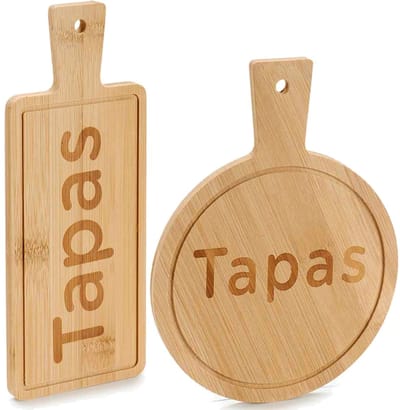 Voedsel/hapjes/tapas serveerplanken set van bamboe met handvat - 2x stuks van verschillende formaten