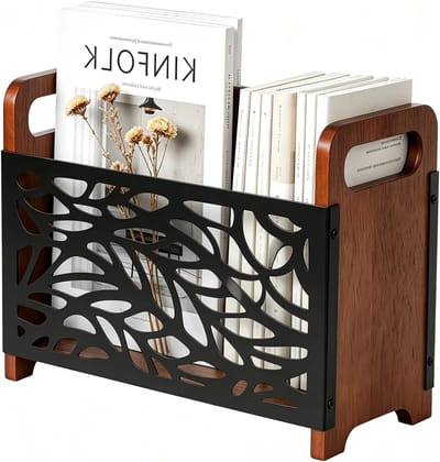 Multifunctionele kranten- en tijdschriftenhouder van hout, opbergmand met handvat voor kantoor en thuis, 33 x 24 x 13 cm (zwart)