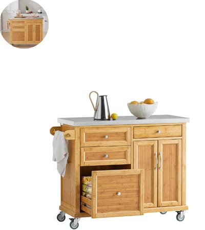 Keukeneiland - Verplaatsbaar - Keukenkast - Dressoir - Organizer - Kasten - Houten Werkblad - Bruin