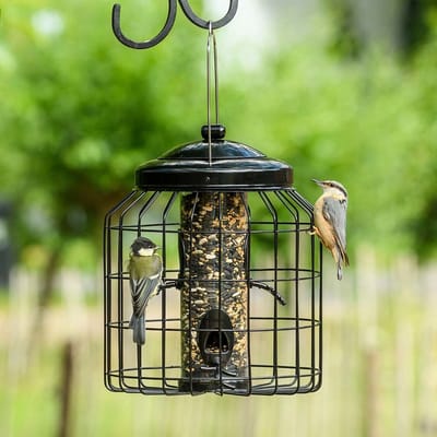 CJ Wildlife Voedersilo met Beschermkooi voor Tuinvogels - Brussel - Vogelvoedersilo voor Kleine Vogels - Hangend Vogelvoederhuisje - Vogelvoer Silo - Zwart