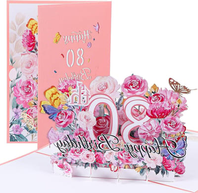 3D Pop Up Verjaardagskaart voor 80e Verjaardag met Bloemenontwerp - Vrouwelijke Verjaardagskaart voor Moeders en Familie, 18 x 13 cm, Unieke Cadeau Ideeën en Gelukkige Verjaardagsteksten