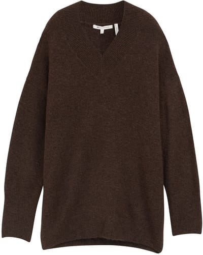 Tom Tailor Denim - Gebreide trui in lange stijl met V-hals - Maat S - soft chocolate brown melange