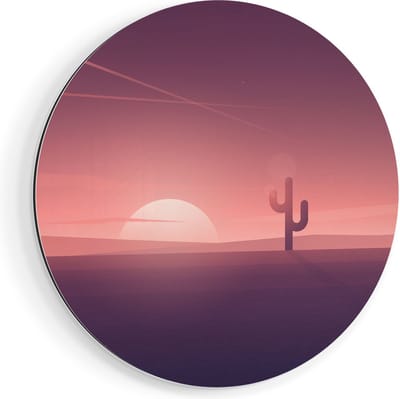 Artaza Dibond Muurcirkel Zonsondergang In De Woestijn Met Een Cactus - Ø 90 cm - Groot - Wandcirkel - Rond Schilderij - Voor Binnen en Buiten