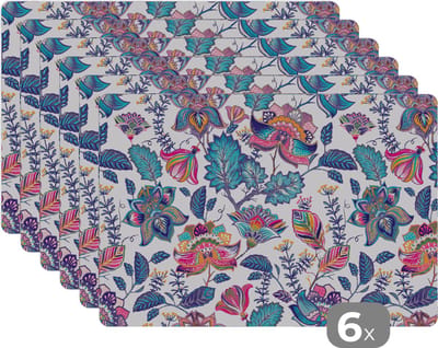 Placemat - Placemats kunststof - Regenboog - Bloemen - Schets - Patronen - 45x30 cm - 6 stuks - Hittebestendig - Anti-Slip - Onderlegger - Afneembaar
