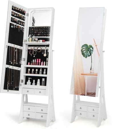 COSTWAY Sieradenkast met spiegel, met verlichting, sieradenspiegelkast met schuifladen en inklapbare plank, ideaal voor make-up (wit)