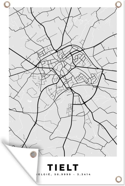 Muurdecoratie Zwart Wit – België – Plattegrond – Stadskaart – Kaart – Tielt - 120x180 cm - Tuinposter - Tuindoek