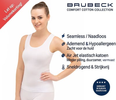 Brubeck Dames Seamless Hemd – Naadloos Katoenen Onderhemd – Ademend & Hypoallergeen - Wit - M