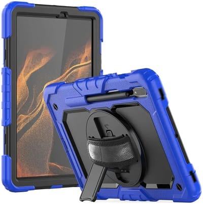 Hoes met ingebouwde Screenprotector Geschikt voor Samsung Galaxy Tab S8 | Inclusief Handriem en Schouderriem | Extreme bescherming | Ideaal voor zakelijk gebruik | Blauw