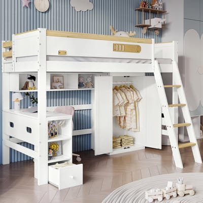 MEUNIQ Hoogslaper kinderbed 90x200 cm met bureau, kledingkast, open vakken, uitvalbeveiliging en trap in wit/naturel voor de kinderkamer