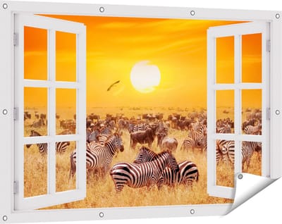 Gards Tuinposter Doorkijk Kudde Zebra's bij een Oranje Zonsondergang - 120x80 cm - Tuindoek - Tuindecoratie - Wanddecoratie buiten - Tuinschilderij