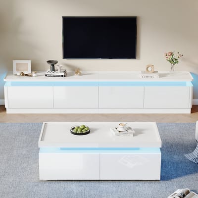 TV-Meubel - 180x40x45 cm - Hoogglans TV-Kast Met LED + 4 Laden - Geschikt Voor 75-Inch TV - MDF - Wit