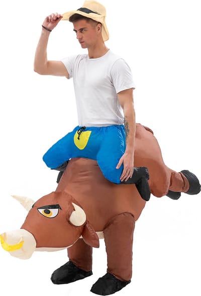 KIMU® Opblaas Kostuum Zittend Op Stier Cowboy - Opblaasbaar Pak - Stierpak Mascotte Opblaaspak - Outfit Opblaasbare Rund Koe Dames Heren Festival