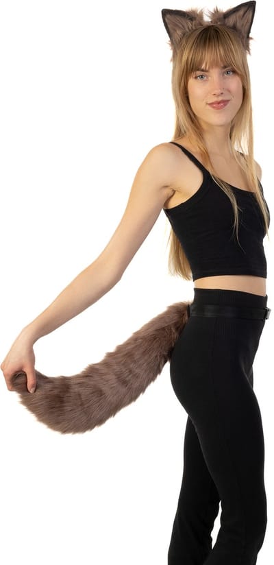 KIMU® Haarband Furry Oren & Staart Set Bruin Taupe - Kat Poes Vos Diadeem Dons Dieren - Dierenoren Oor Oortjes Vilt Lynx Hond Wolf Haren Festival