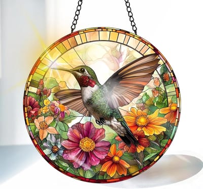Kolibrie Gekleurde Glas Zonnevanger 20 cm, Decoratief Dier Glasraam Ornament met Ketting en Ophanghaak, Raamdecoratie voor Venster, Woonkamer, Tuin of Balkon, Cadeau Idee