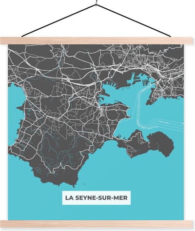Posterhanger incl. Poster 40x40 cm - Schoolplaat - Plattegrond - La Seyne-sur-Mer - Frankrijk - Stadskaart - Kaart - Textielposter - Blanke latten - Stadskaart